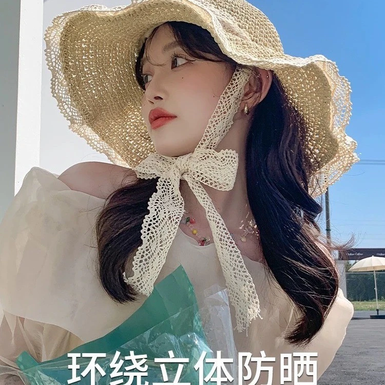 包邮草帽ins系带女夏出游太阳帽蕾丝边防晒沙滩海边遮阳帽镂空草