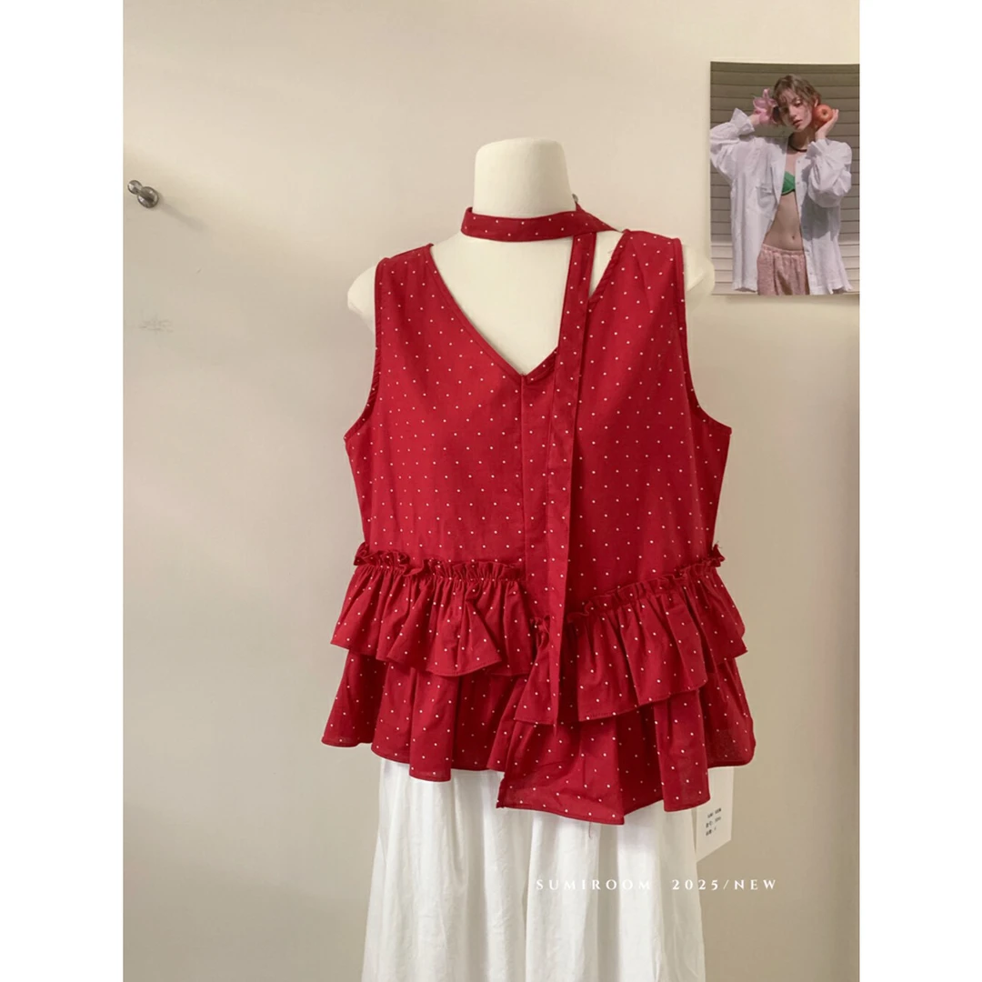 夏季甜美波点无袖背心不规则荷叶边小个子宽松上衣飘带挂脖