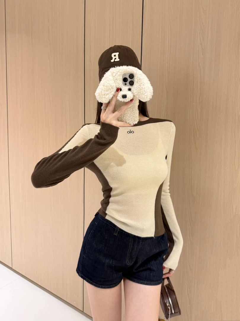 设计感撞色掐腰长袖T恤女早秋新款修身显瘦针织上衣Y265