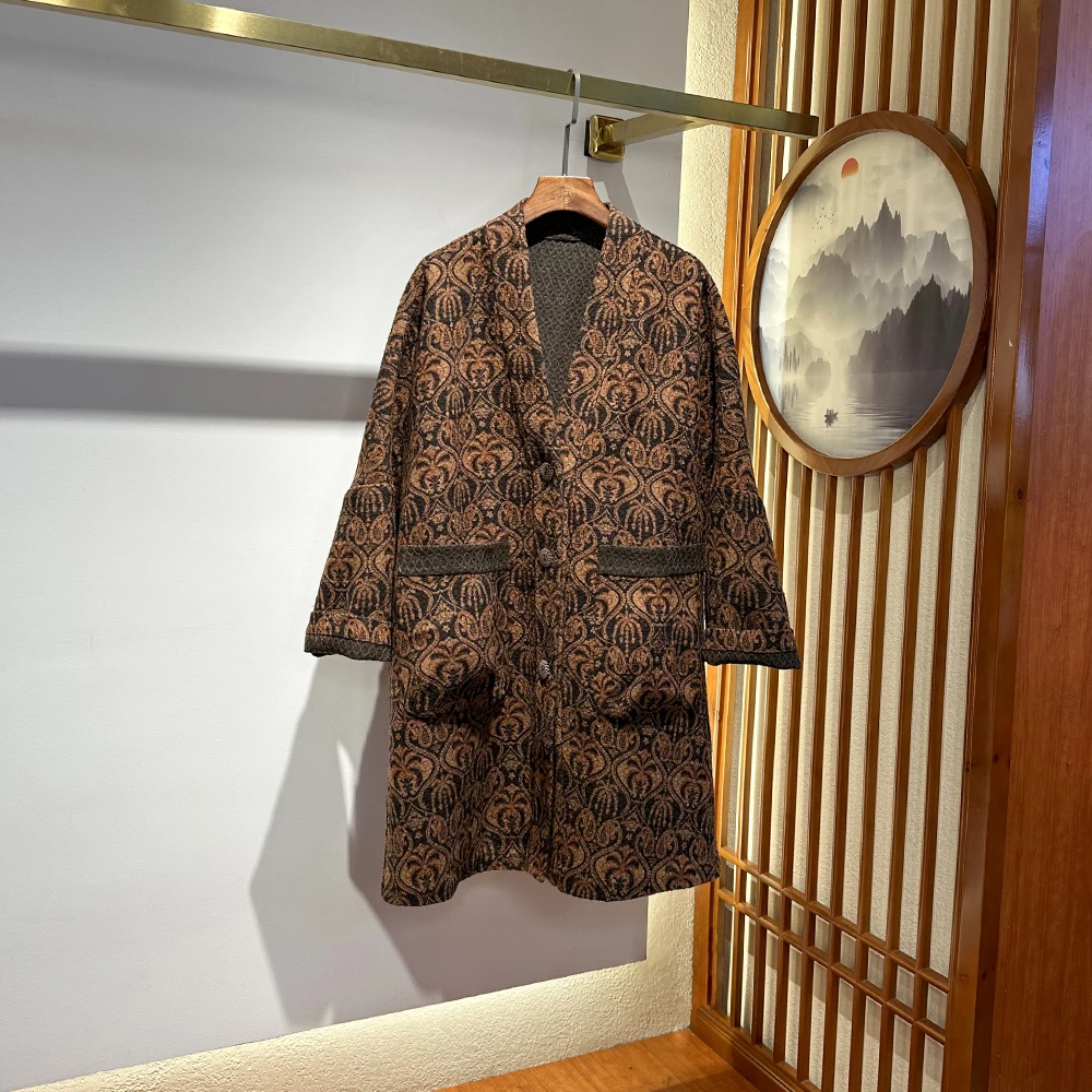 唐一【100%柞蚕丝】香云纱重磅80姆米加厚中长款V领茶服外套大衣