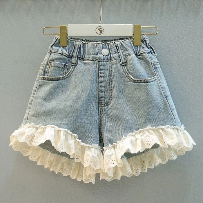 女童夏季2025新款棉宽松泡泡袖上衣衬衫中大童牛仔短裤两件套潮