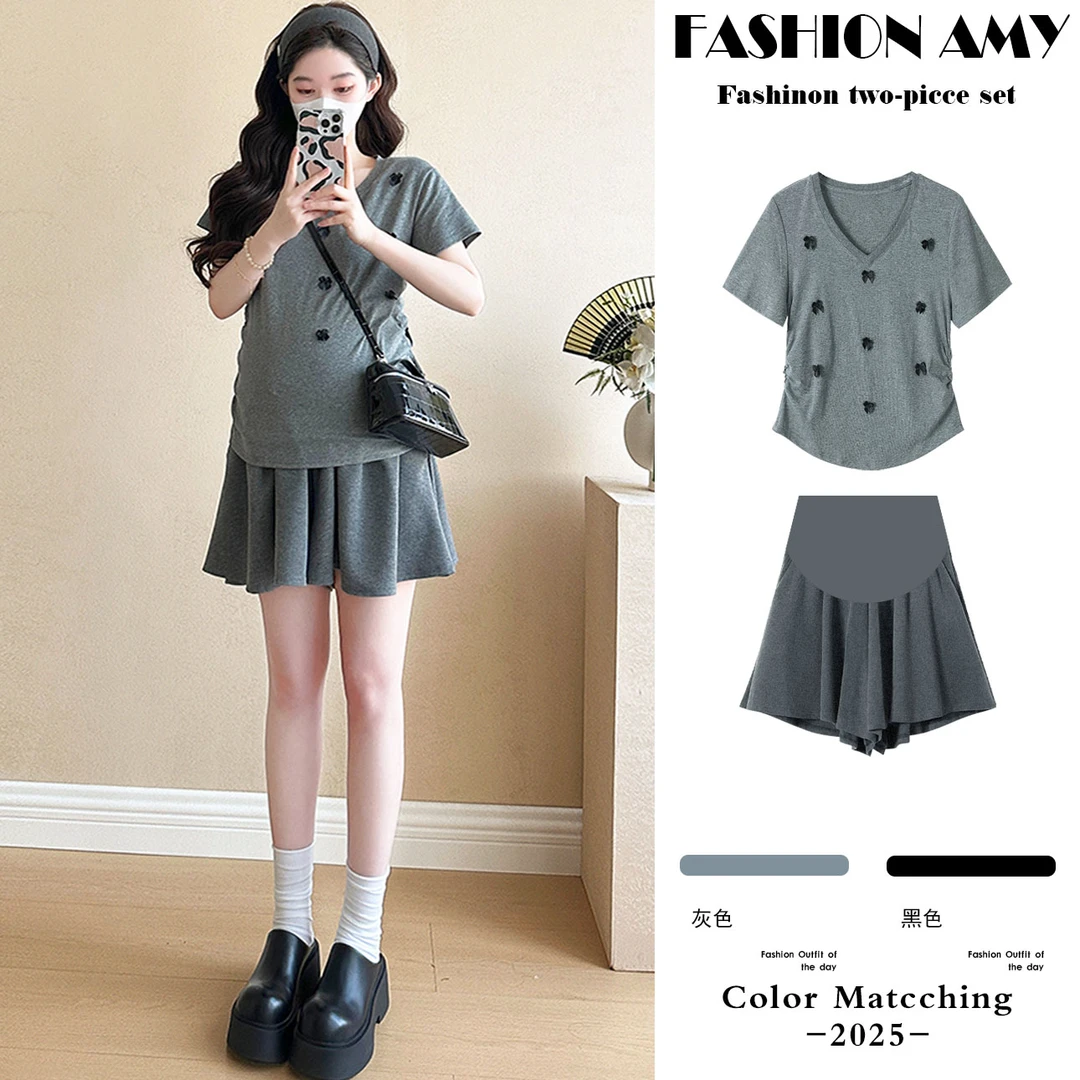 孕妇套装夏装新款洋气小个子显瘦蝴蝶结V领T恤上衣休闲阔腿短裤子