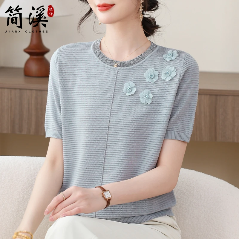 简溪妈妈夏装短袖T恤冰丝打底小衫中老年女装宽松针织上衣母亲节