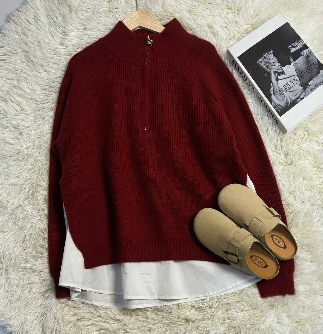 玲姐定制-暗红色半高领半拉链拼接下摆假两件针织毛衣350683
