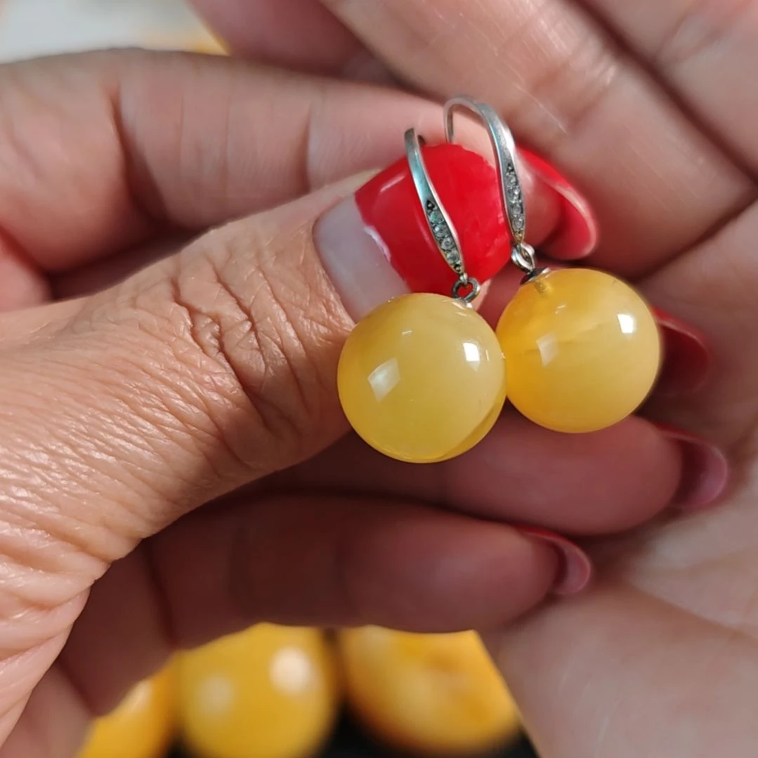 蜜蜡银S925镀金镶嵌耳饰