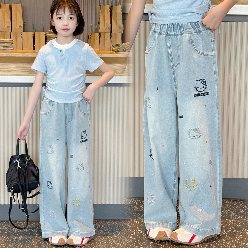 高品质童装弹力猫咪刺绣直筒牛仔裤女童中大童小女孩百搭阔腿裤夏