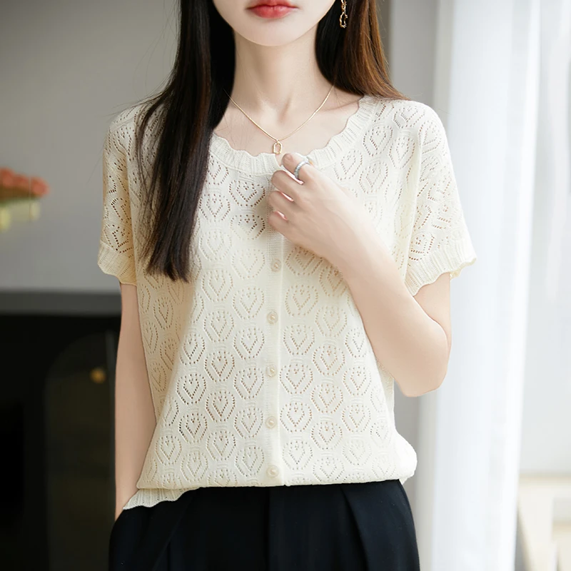 法式镂空钩花冰丝针织小飞袖T恤女25夏薄透气宽松显瘦上衣短袖t恤