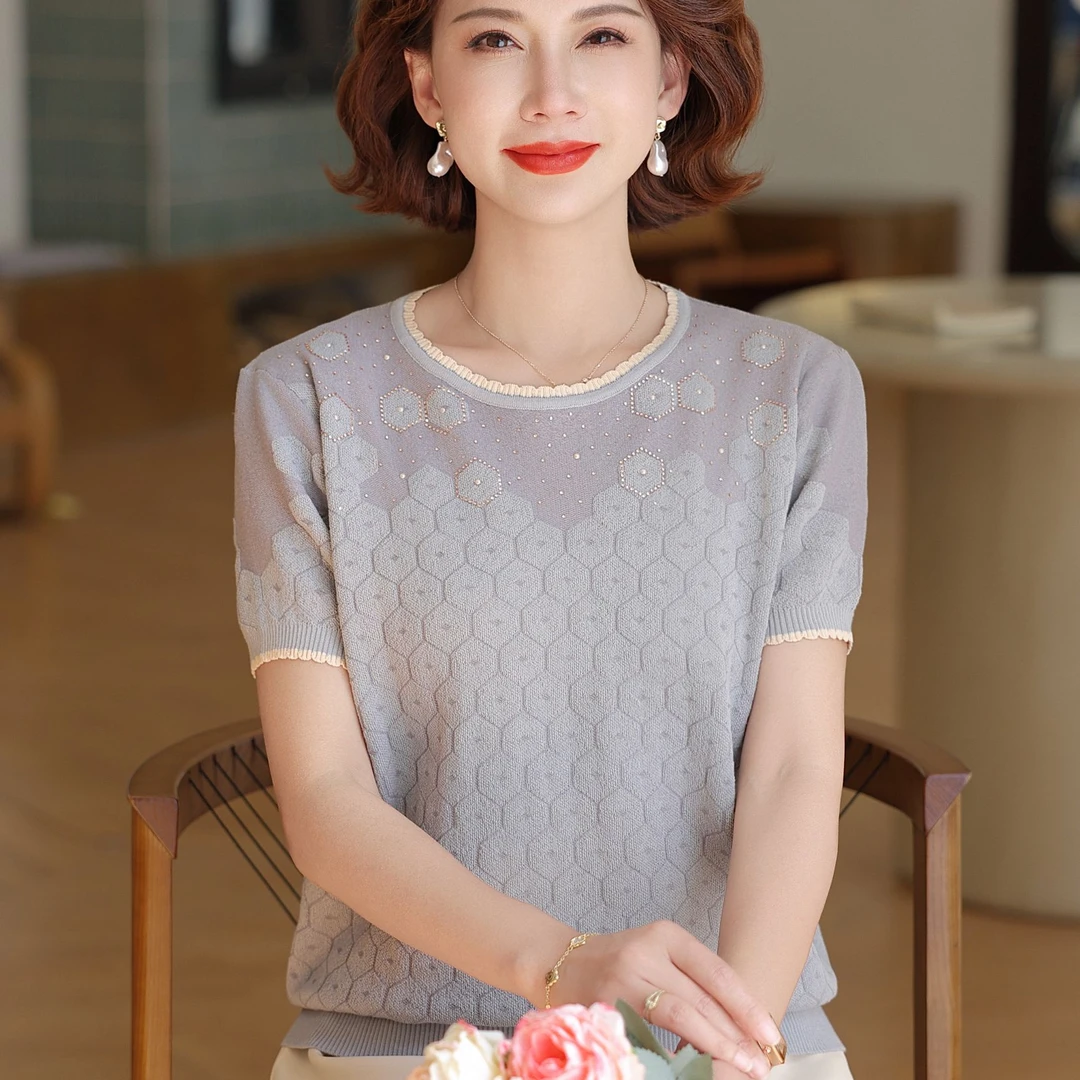 妈妈夏装短袖针织小衫洋气冰丝t恤中老年女装2025新款凉爽上衣服