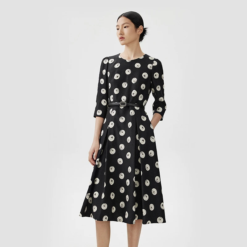 LANCY/朗姿春季新款收腰印花撞色裙子女法式连衣裙