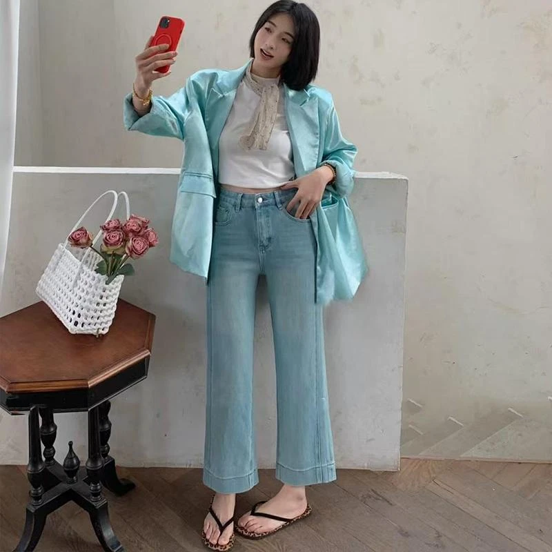 美式复古水洗弹力直筒牛仔裤女2025春季新款百搭显瘦九分奶奶裤子