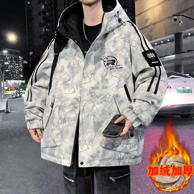 25年秋冬新款连帽防风夹克加绒加厚时尚潮流宽松初中高中学生外套