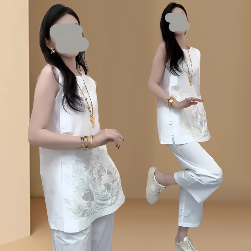 新中式时尚套装女2025夏季新款纯色提花国风无袖显瘦小衫阔腿裤女