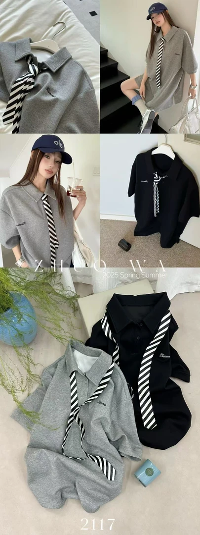 【左绣定制】欧版原创宽松休闲POLO领带T恤2117