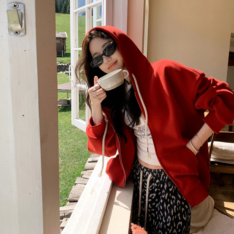 韩版减龄洋气红色连帽卫衣春秋款女宽松休闲纯色廓形长袖外套ins