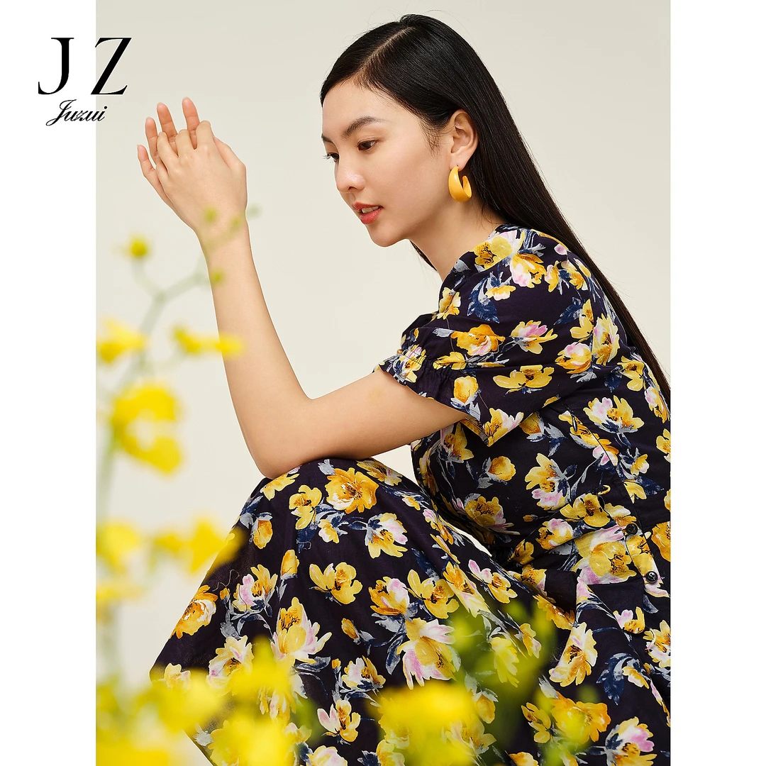 【丽公主专属】JZ玖姿JWDX50036商场同款棉定制印花V领系带收腰连衣