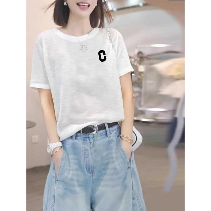 2025新款雪花棉正肩圆领短袖t恤女时尚百搭洋气薄款简约上衣夏季