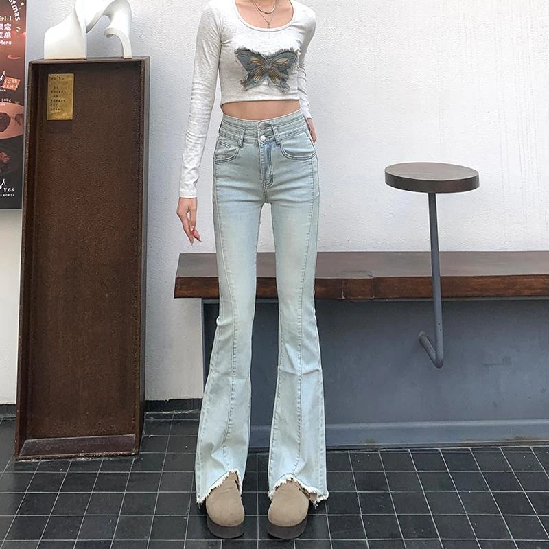 毛边浅色微喇叭牛仔裤女春秋季新款小个子修身显瘦高腰拖地马蹄裤