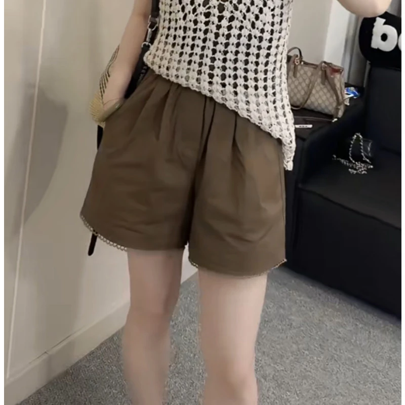 2025夏季新款小个子穿搭咖色阔腿休闲短裤女高腰显瘦大码a字热裤