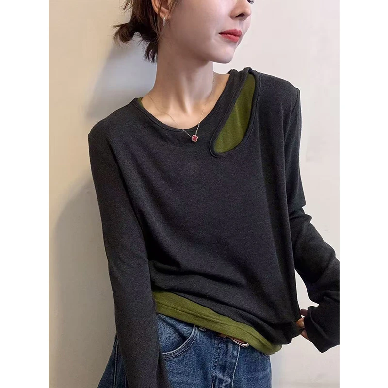 大码假镂空设计感长袖T恤女新款爆款圆领显瘦打底衫秋款上衣t恤