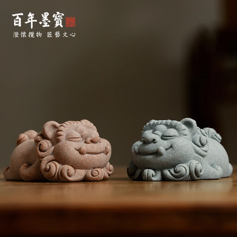 青砂造像小趴狮笔搁书房镇纸压纸镇尺文房四宝小狮子镇尺书法专用