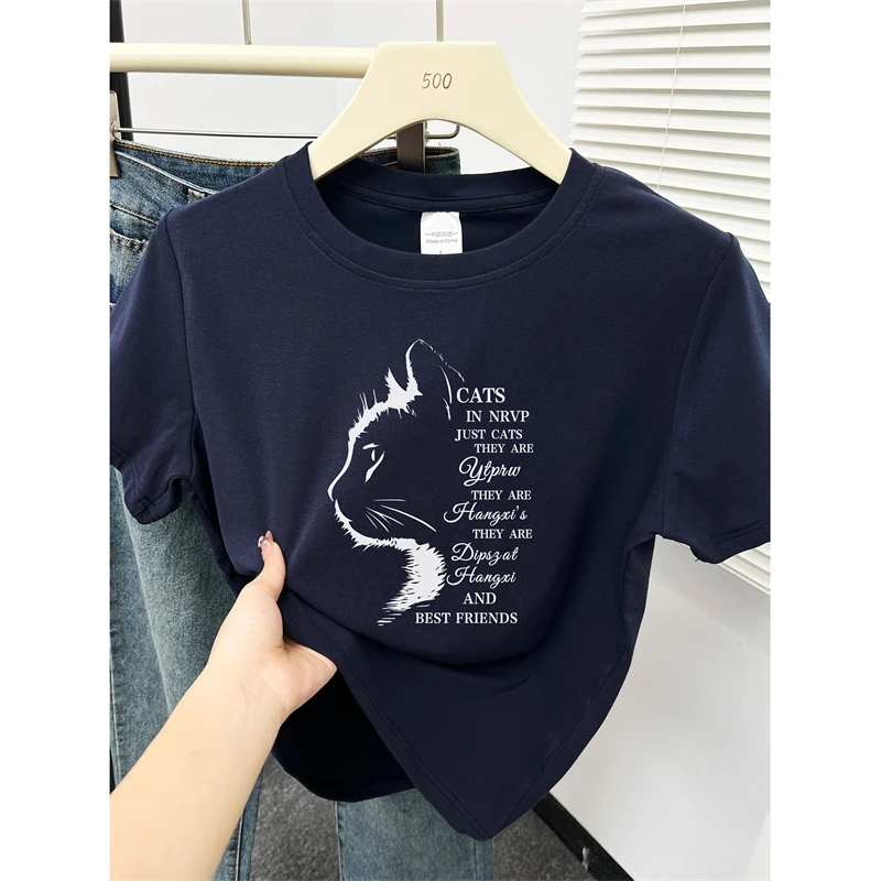 猫咪印花正肩短袖t恤女夏季设计感时尚大码显瘦胖mm圆领洋气上衣