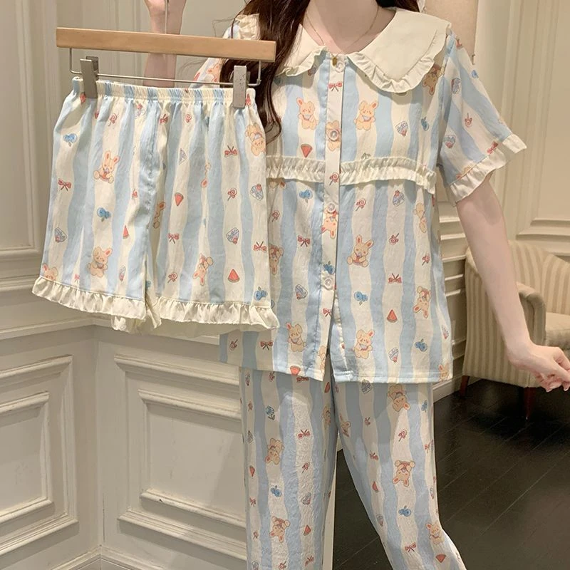 三件套带胸垫短袖小兔子睡衣套装夏季公主风甜美KAt少女家居服
