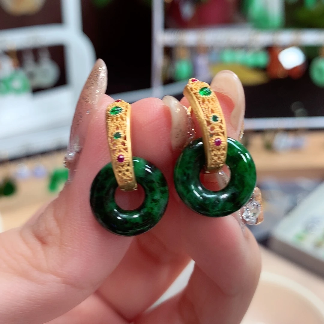 翡翠耳饰银S925镶嵌天然翡翠