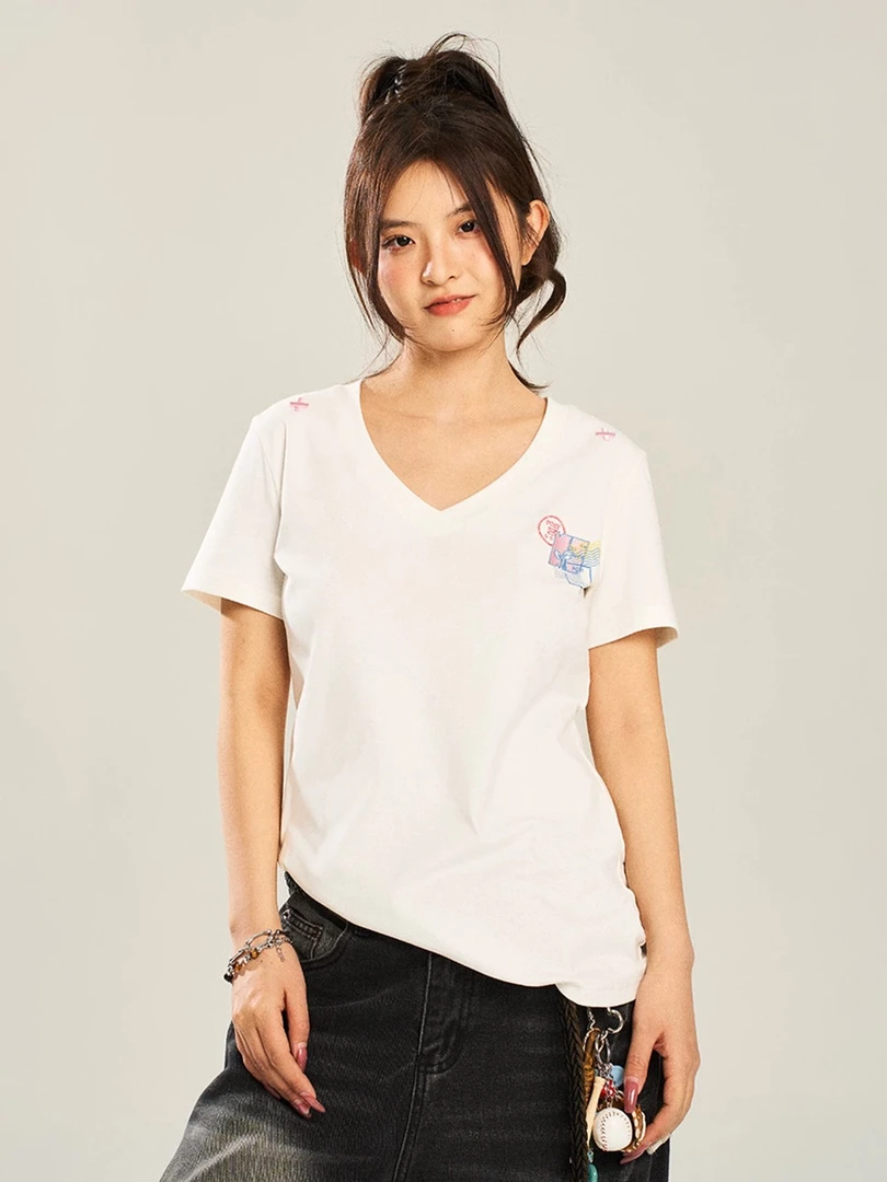 NSTNEW START发芽计划美式v领正肩修身潮牌复古百搭女款短袖T恤