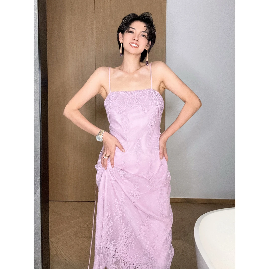 Daily romance25夏进口宫廷番红花紫蕾丝吊带长裙