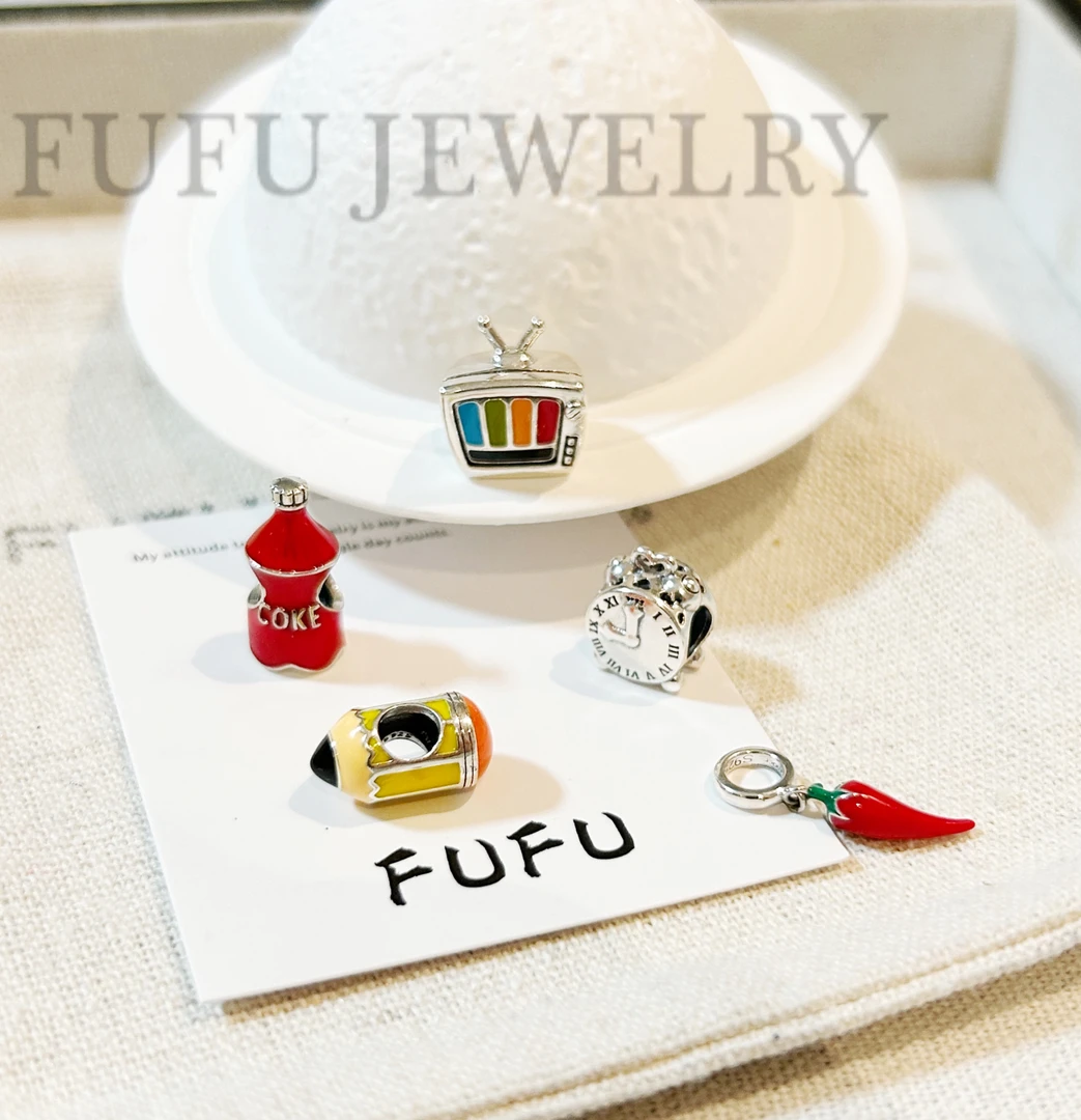 吊坠925银 【铅笔 辣椒 可乐 电视 闹钟】s925纯银卡通吊坠串珠DIY