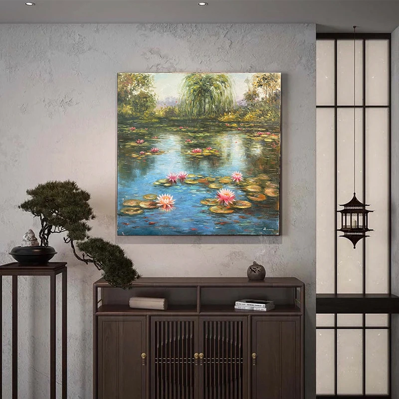(好运莲莲大厅油画)画疯原创油画作品睡莲花