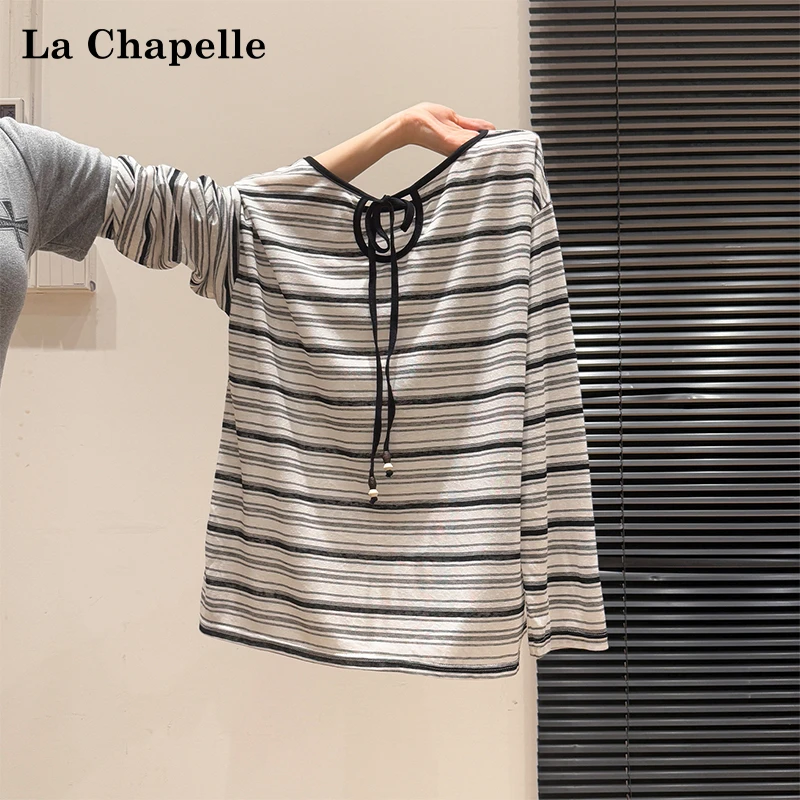 拉夏贝尔韩系撞色条纹薄款慵懒感长袖T恤女秋季新款宽松显瘦上衣