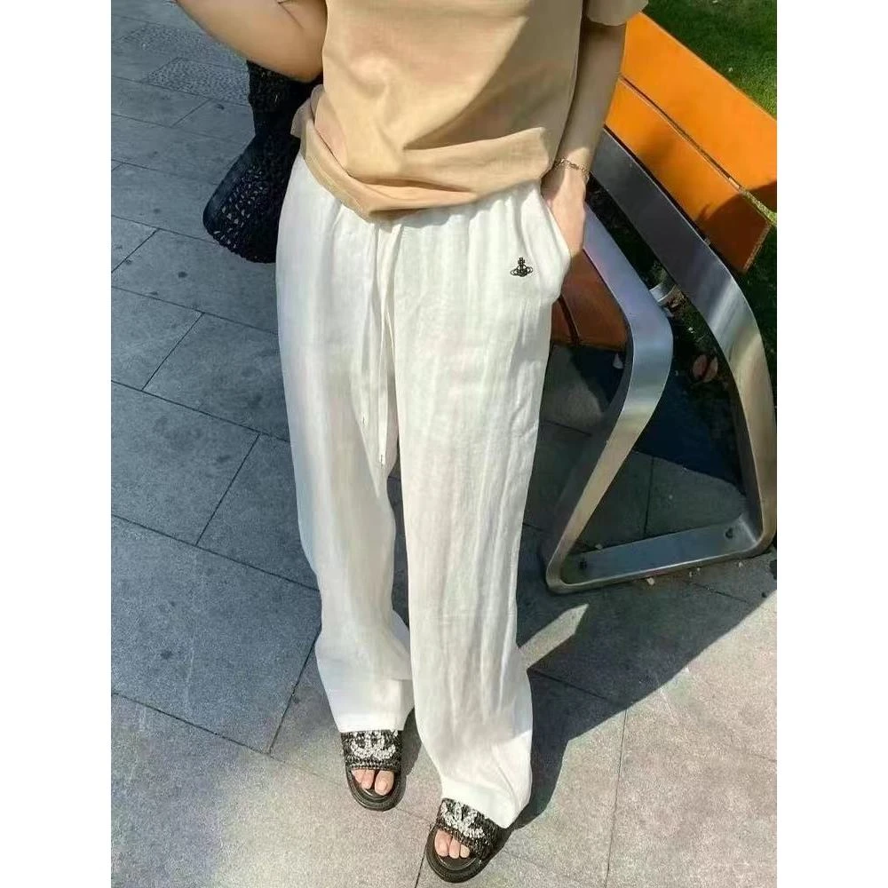 【风旅铃兰】新款复古休闲百搭松紧腰直筒亚麻阔腿裤.Y969