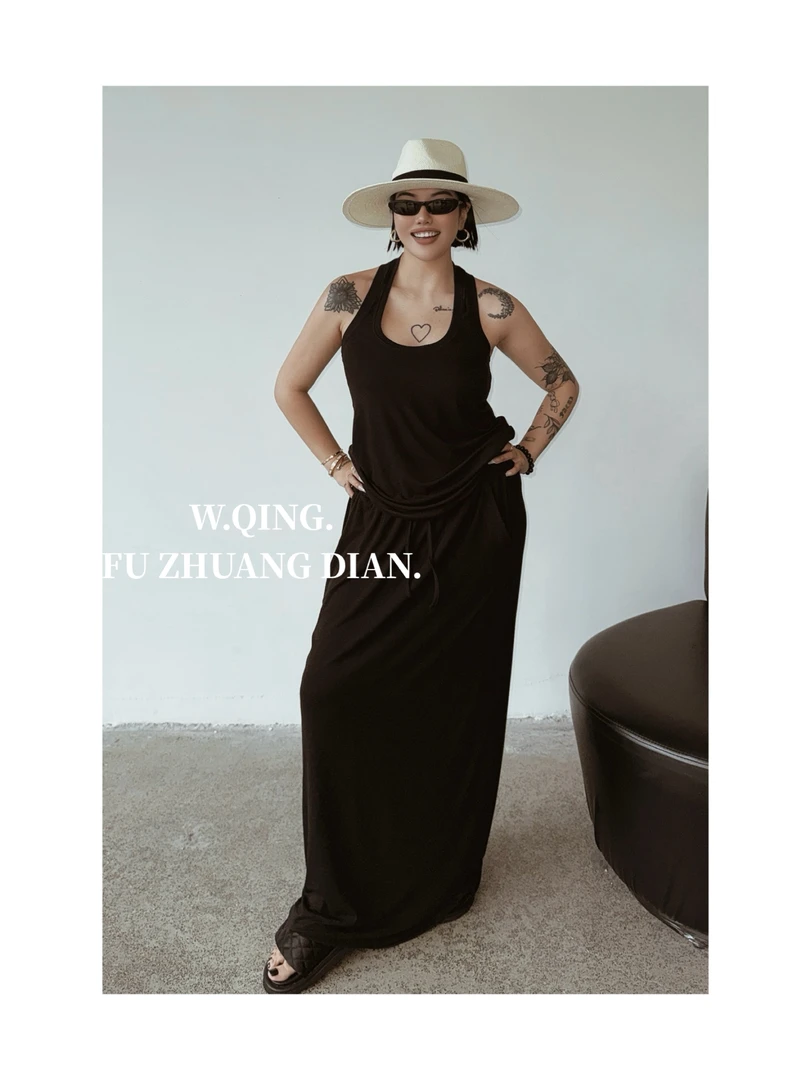 【W.QING】定制 天竺棉挖肩工字背心长款拖地长裙系列套装