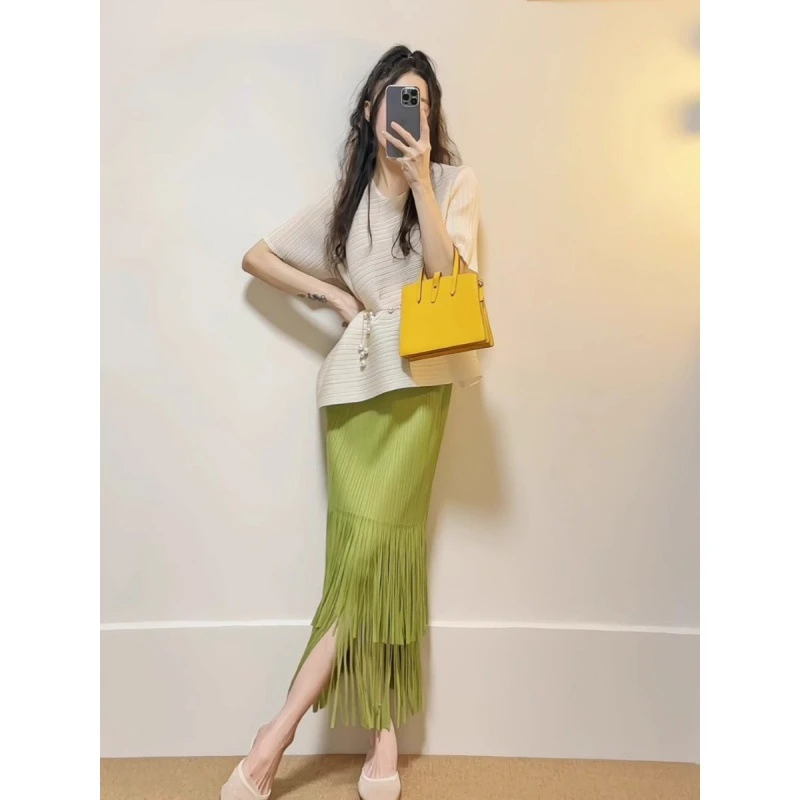 三宅褶皱上衣垂感百褶裙女高腰显瘦流苏半身裙纯色穿搭夏