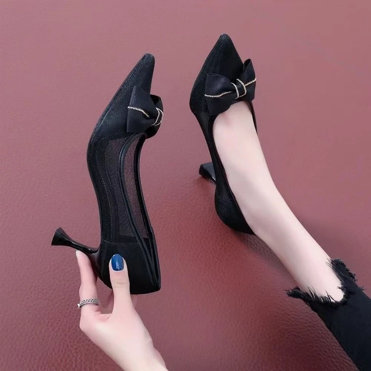 设计感气质女春2025新款蝴蝶结法式网纱透气尖头细跟小单鞋