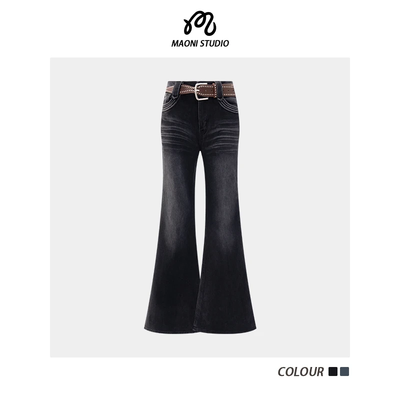 毛妮LADIESFIRST配腰带磨毛感微喇牛仔裤女秋冬新款显瘦长裤L2762