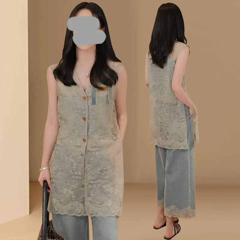 2025夏季新款法式轻奢新中式马甲罩衫气质休闲背心阔腿裤时尚套装