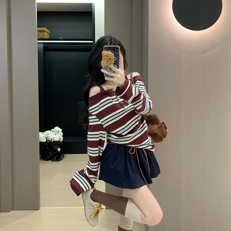 咖色条纹一字肩吊带上衣女夏季早秋季别致绝美高级感露肩长袖t恤