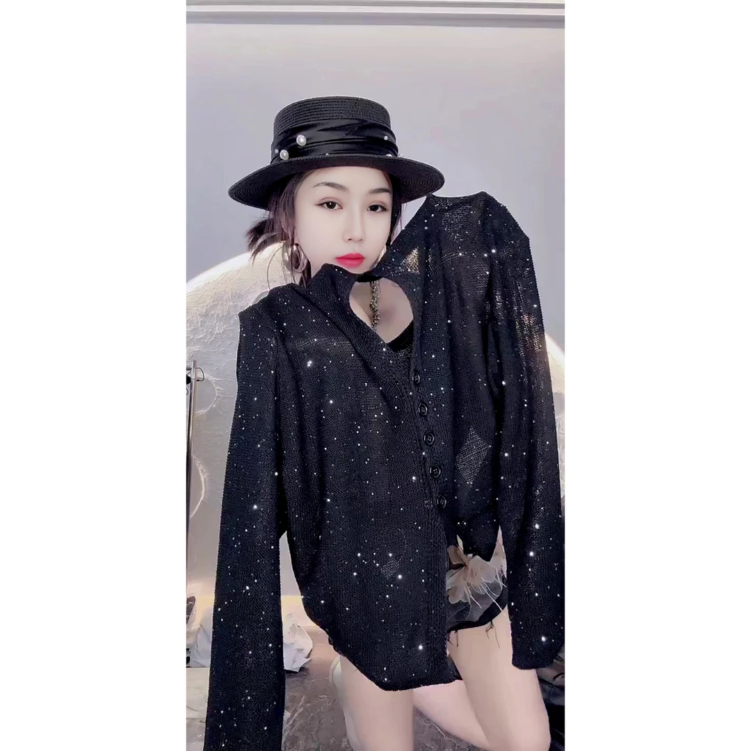 星空亮片镂空后背纽扣防晒漏背衫美女春夏季时尚背针织罩衫