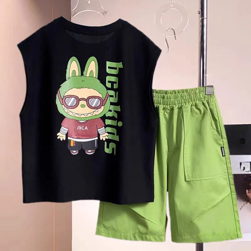 男童夏季清新无袖背心短裤套装2025儿童夏装运动休闲卡通两件套