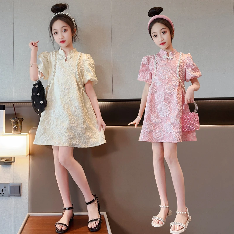 2025新款女童连衣裙洋气中国风旗袍中大童小女孩泡泡袖公主裙潮童