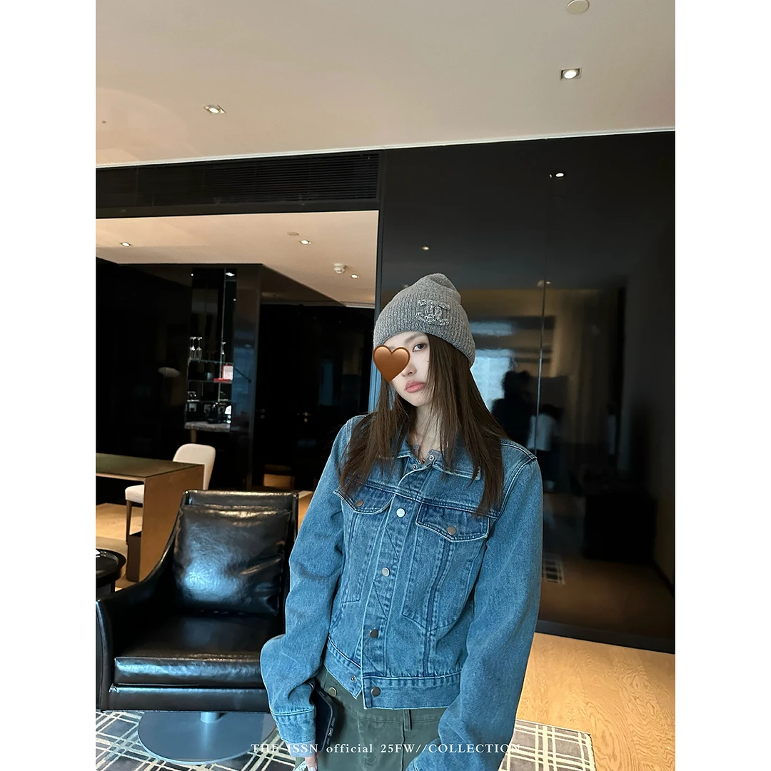 THEISSN宁司 做旧短款蓝色牛仔外套女早秋宽松百搭夹克 01346