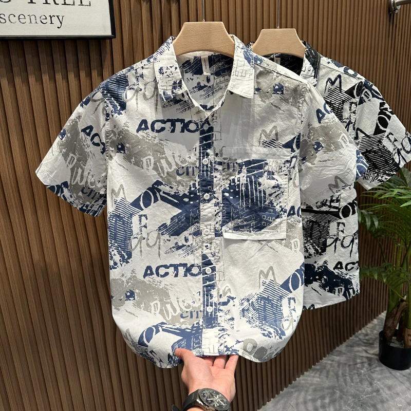 轻奢潮牌清新印花短袖衬衫男士新款时尚百搭休闲青年宽松夏季衬衣