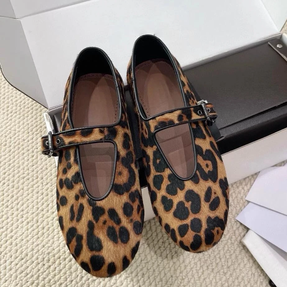 羊皮版~韩版小众豹纹马毛一字扣带玛丽珍单鞋女圆头平底芭蕾舞鞋