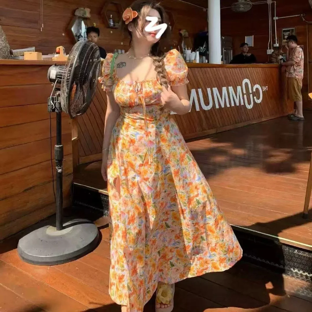 码加加现货48小时发51274海边度假纯棉碎花长裙法式大码连衣裙