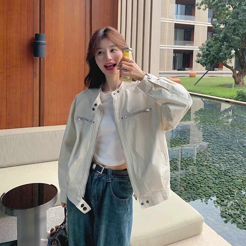 米白色工装外套女短款2025春秋新款韩系小个子百搭休闲夹克上衣潮