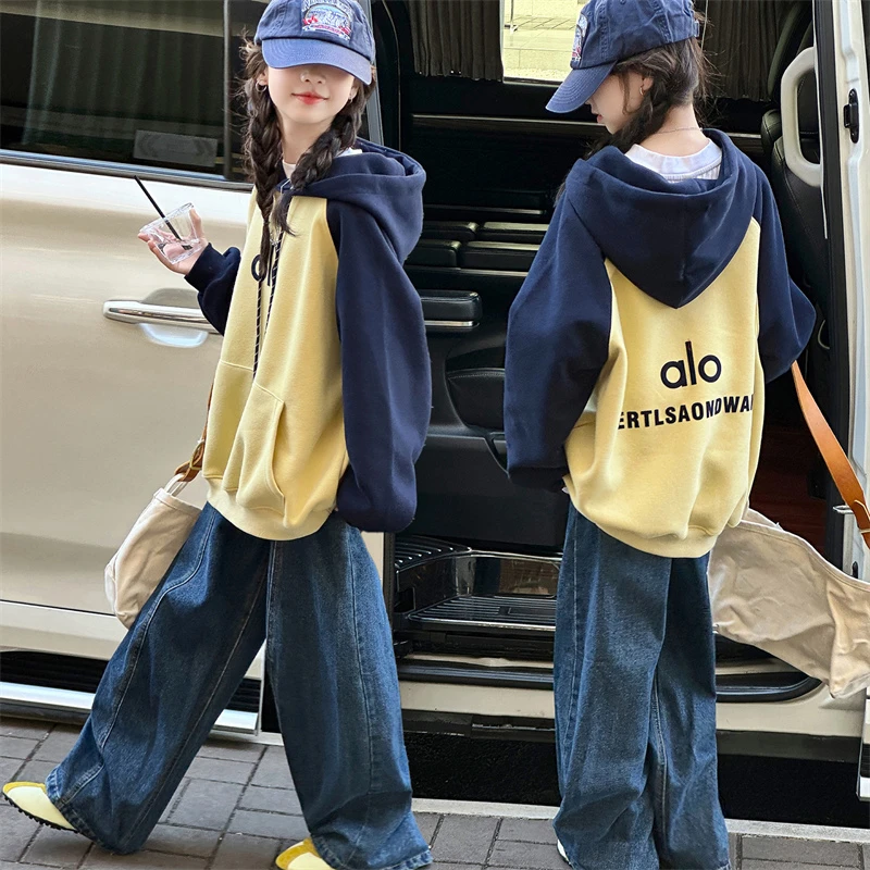 女童秋季套装2025新款时尚拼色卫衣牛仔裤6-12岁儿童宽松个性休闲