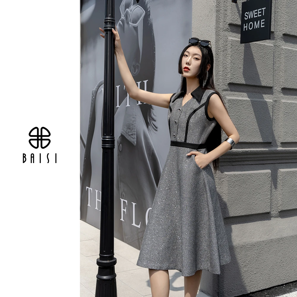 BAISI/百丝法式复古气质感V领中高腰修身显瘦夏季女装连衣裙