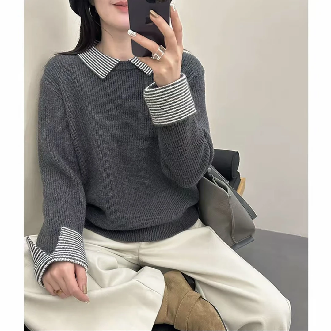 秋冬新款减龄设计撞色翻领套头时尚宽松针织衫上衣显瘦假两件毛衣